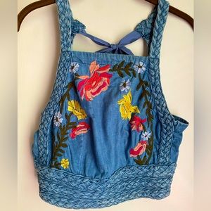 Chambray embroidered halter crop top